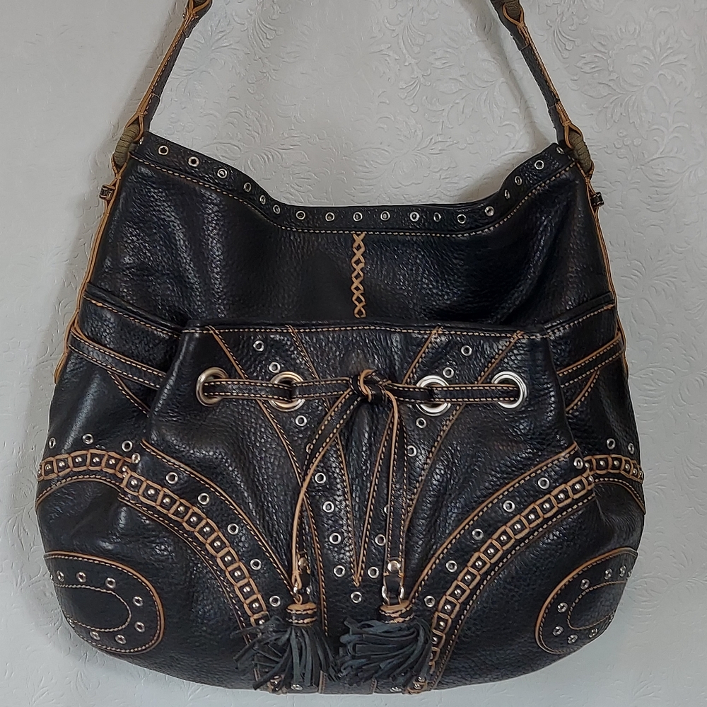Cole Haan, Village Grommet, Black Embellished Leather, Studded and Tasseled